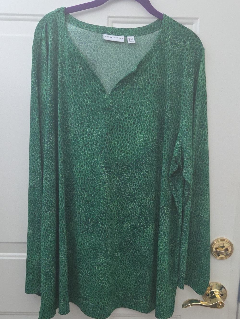 Susan Graver Green Patterned V-Neck Blouse